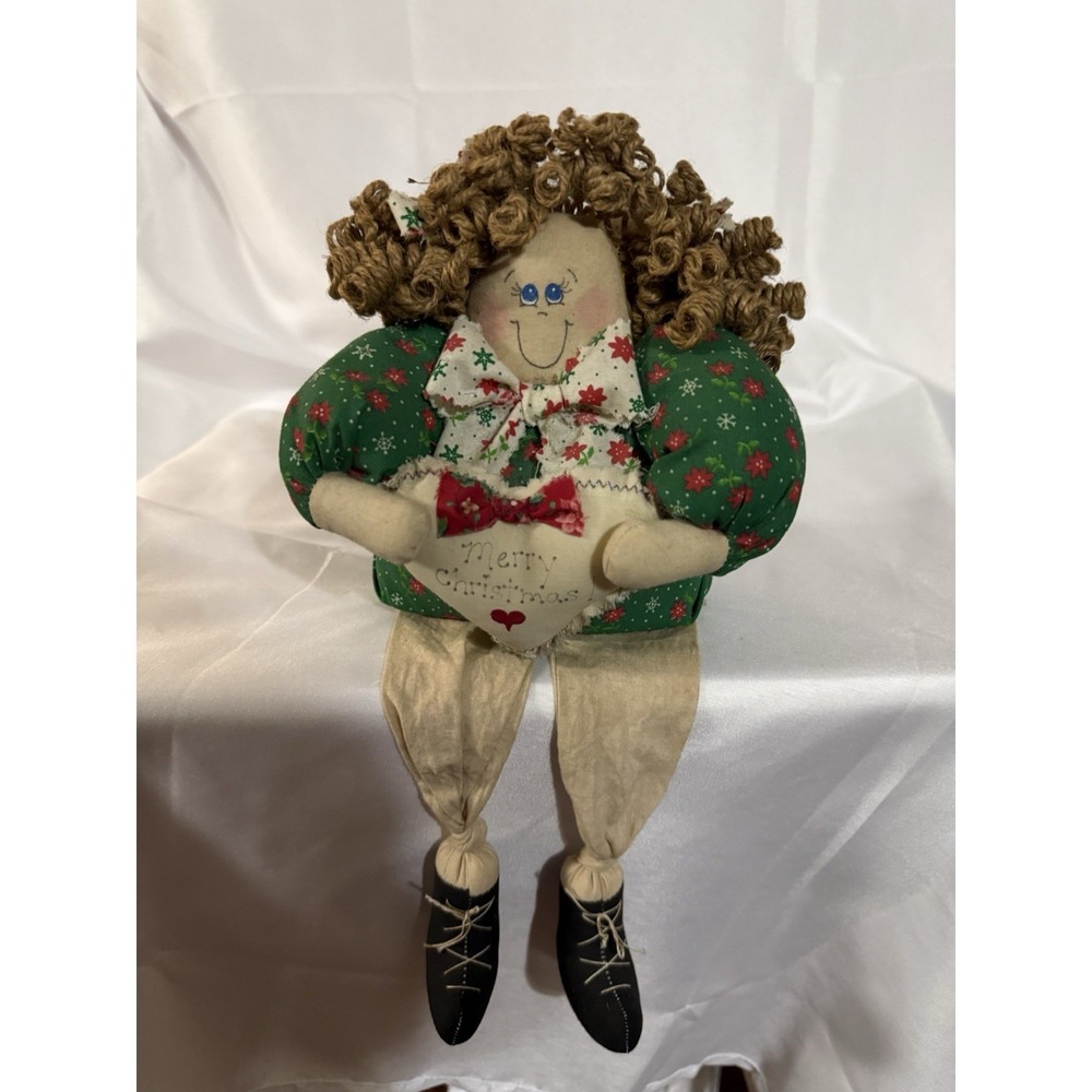 Vintage Primitive Christmas Rag Doll Shelf Sitter Merry Christmas Heart Decor